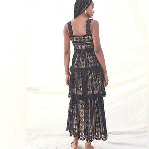 Saylor Krystyna Black Crochet Tiered Lace Midi Dress Boho Strappy Medium